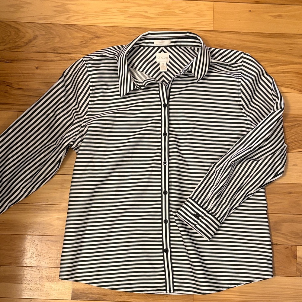 Chicos Black and White Striped Button-Up Shirt, no iron (XL)